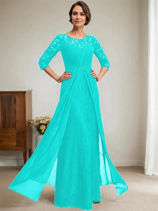 A-Line Scoop Illusion Floor-Length Lace Chiffon Mother Of the Bride Dress With Beading Ruffles by Dreamylily