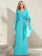 A-line V-Neck Floor-Length Chiffon Mother of the Bride Dress With Cascading Ruffles Beading by Dreamylily