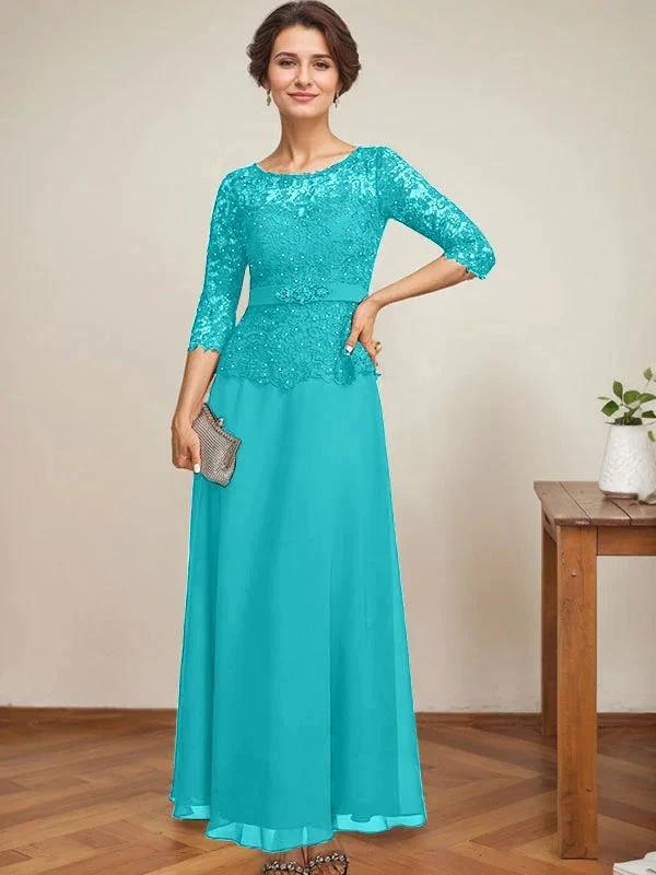 A-line Scoop Illusion Ankle-Length Chiffon Lace Mother of the Bride Dress With Rhinestone Beading by Dreamylily