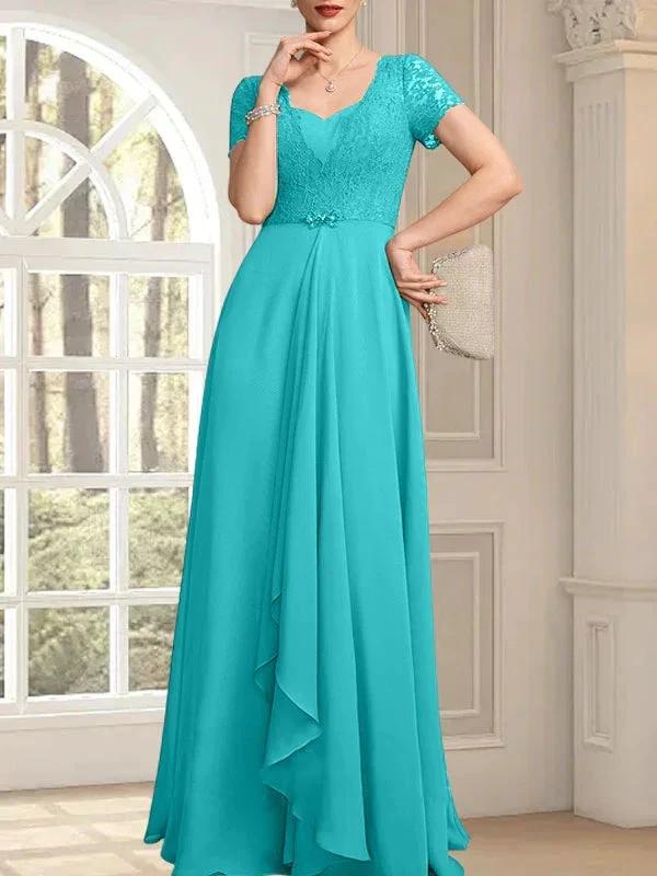A-line Sweetheart Floor-Length Chiffon Lace Mother of the Bride Dress With Beading Cascading Ruffles by Dreamylily
