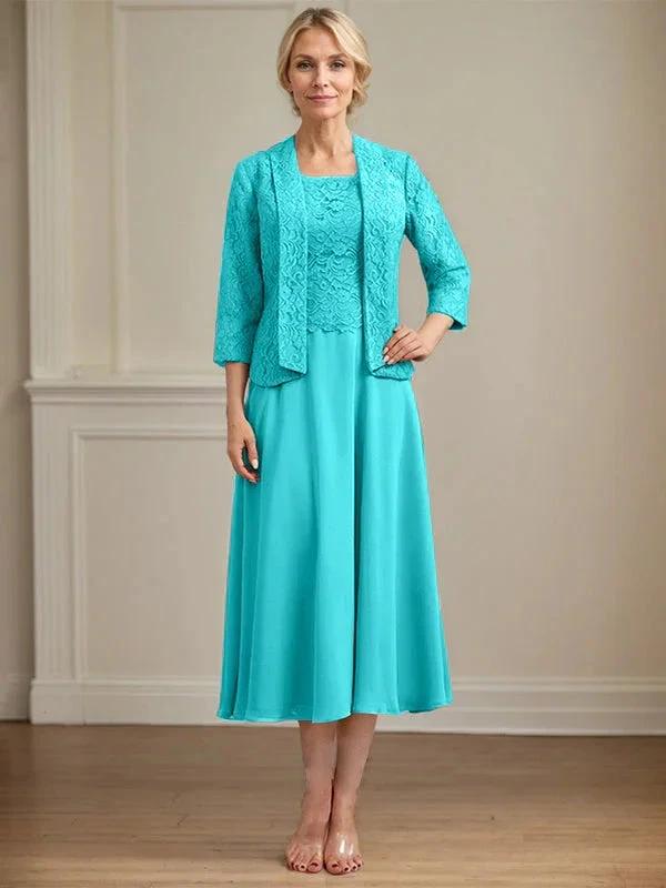 A-line Scoop Tea-Length Lace Chiffon Mother of the Bride Dress by Dreamylily