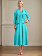 A-line Scoop Tea-Length Lace Chiffon Mother of the Bride Dress by Dreamylily