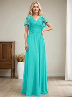 A-line V-Neck Floor-Length Lace Chiffon Mother of the Bride Dress With Sequins by Dreamylily