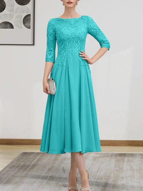 A-line Scoop Illusion Tea-Length Chiffon Lace Mother of the Bride Dress With Beading Sequins by Dreamylily