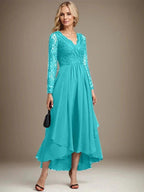 A-line V-Neck Asymmetrical Lace Chiffon Mother of the Bride Dress by Dreamylily