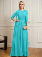 A-line Scoop Illusion Floor-Length Lace Chiffon Mother of the Bride Dress With Pleated by Dreamylily