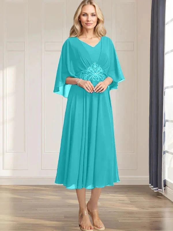 A-line V-Neck Tea-Length Chiffon Mother of the Bride Dress With Pleated Sequins Appliques Lace Beadind by Dreamylily