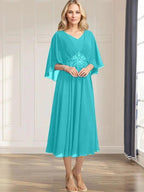 A-line V-Neck Tea-Length Chiffon Mother of the Bride Dress With Pleated Sequins Appliques Lace Beadind by Dreamylily