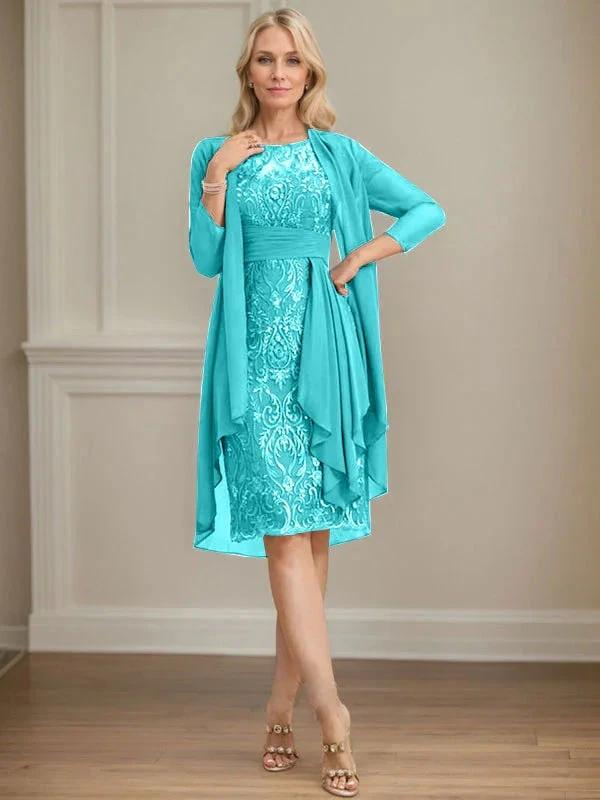Sheath/Column Scoop Illusion Knee-Length Lace Chiffon Mother of the Bride Dress With Cascading Ruffles Sequins by Dreamylily
