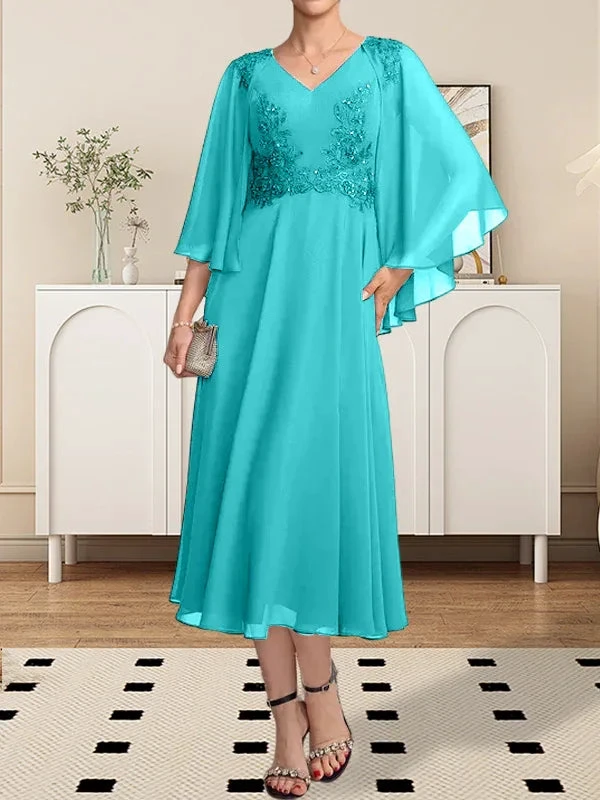 A-line V-Neck Tea-Length Chiffon Lace Mother of the Bride Dress With Beading Sequins by Dreamylily