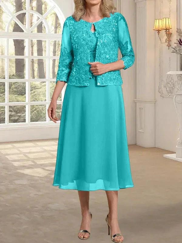 A-line Scoop Tea-Length Lace Chiffon Mother of the Bride Dress With Sequins by Dreamylily