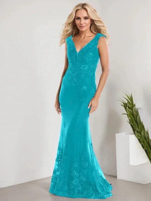 A-line V-Neck Floor-Length Lace Chiffon Mother of the Bride Dress With Applique Sequins Mermaid Dresses by Dreamylily