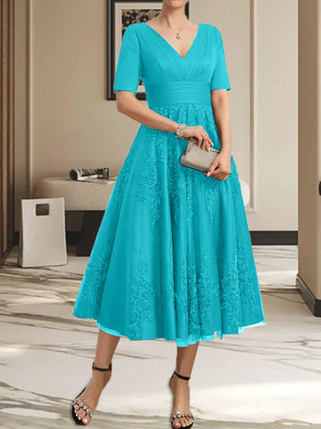 A-line V-Neck Tea-Length Tulle Lace Mother of the Bride Dress With Pleated