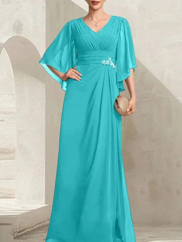 Sheath/Column V-Neck Floor-Length Chiffon Mother of the Bride Dress With Pleated Sequins Beading by Dreamylily
