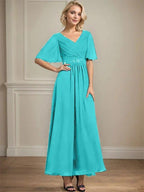 A-line V-Neck Ankle-Length Chiffon Mother of the Bride Dress With Pleated Beading Sequins by Dreamylily
