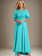 A-line Scoop Illusion Asymmetrical Chiffon Lace Mother of the Bride Dress With Beading by Dreamylily