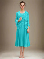 A-line Scoop Tea-Length Lace Chiffon Mother of the Bride Dress With Sequins by Dreamylily