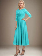 A-line Scoop Tea-Length Lace Chiffon Mother of the Bride Dress With Sequins by Dreamylily