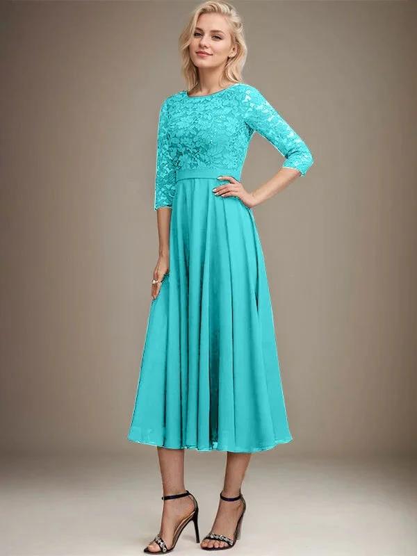 A-line Scoop Tea-Length Lace Chiffon Mother of the Bride Dress With Sequins by Dreamylily