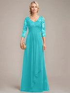 A-line V-Neck Floor-Length Lace Chiffon Mother of the Bride Dress With Cascading Ruffles Sequins by Dreamylily