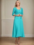 A-line Square Tea-Length Chiffon Lace Mother of the Bride Dress With Sequins Beading by Dreamylily