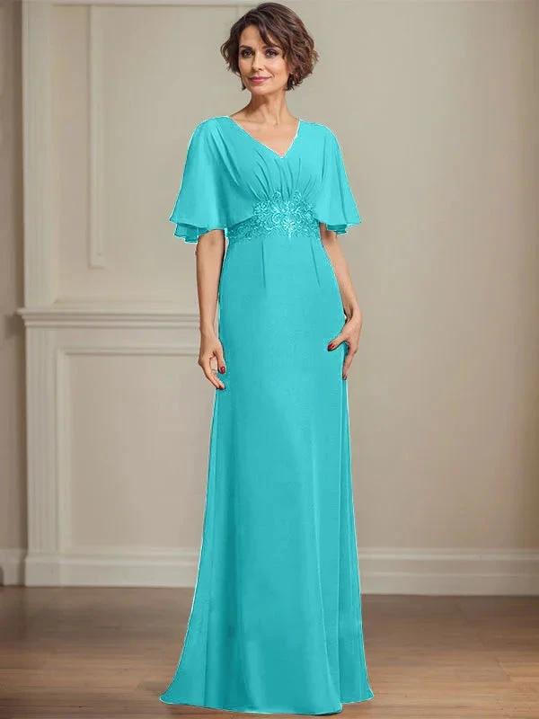 A-line V-Neck Floor-Length Chiffon Mother of the Bride Dress With Pleated Sequins Appliques Lace by Dreamylily