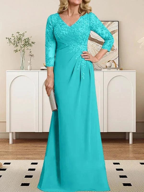 Sheath/Column V-Neck Illusion Floor-Length Lace Chiffon Mother of the Bride Dress With Pleated Sequins by Dreamylily