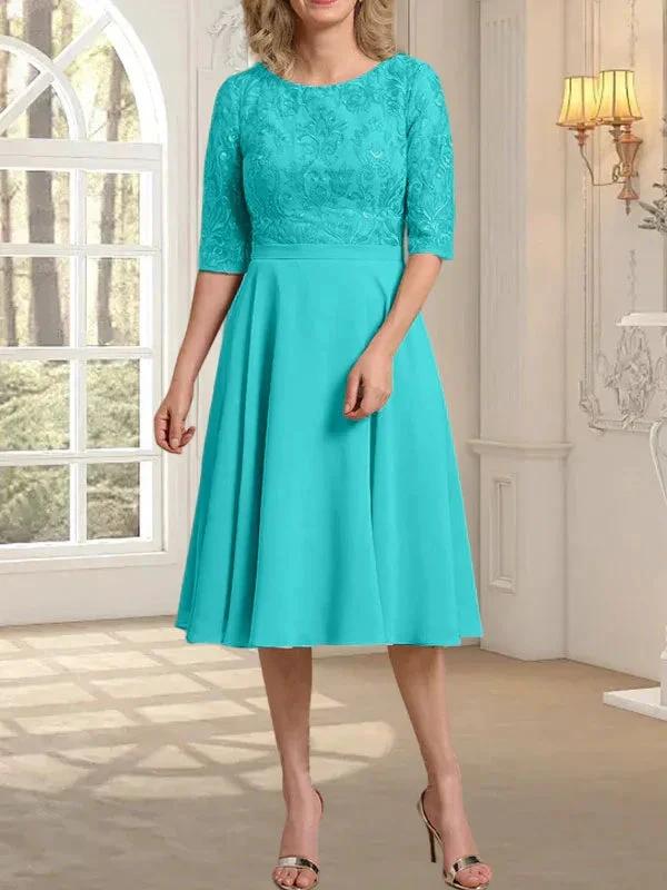 A-line Scoop Knee-Length Lace Chiffon Mother of the Bride Dress by Dreamylily