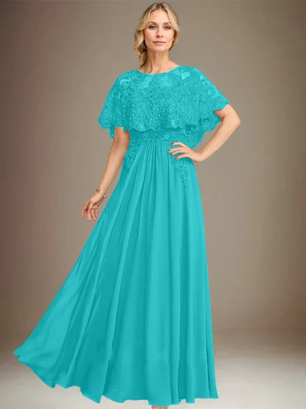 A-line Boat Neck Floor-Length Lace Chiffon Mother of the Bride Dress With Applique Sequins by Dreamylily