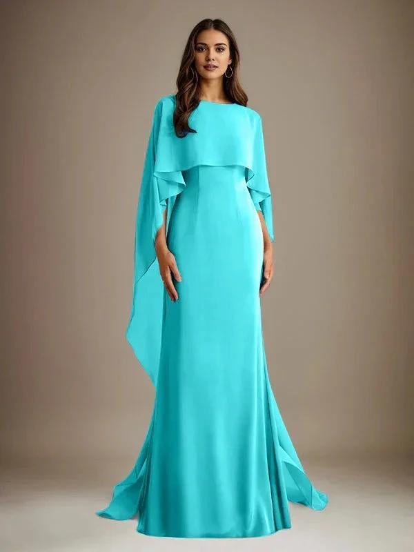Sheath/Column Boatneck Floor-Length Chiffon Mother of the Bride Dress With Cascading Ruffles by Dreamylily