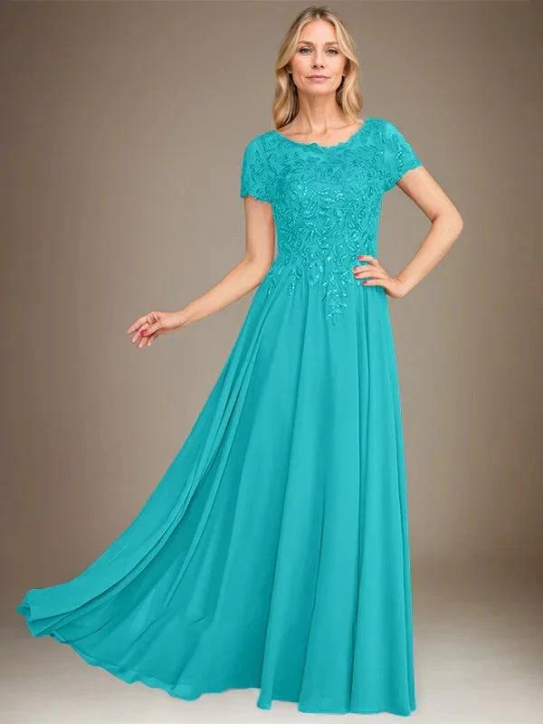 A-Line Scoop Floor-Length Chiffon Mother of the Bride Dress With Applique & Sequins by Dreamylily