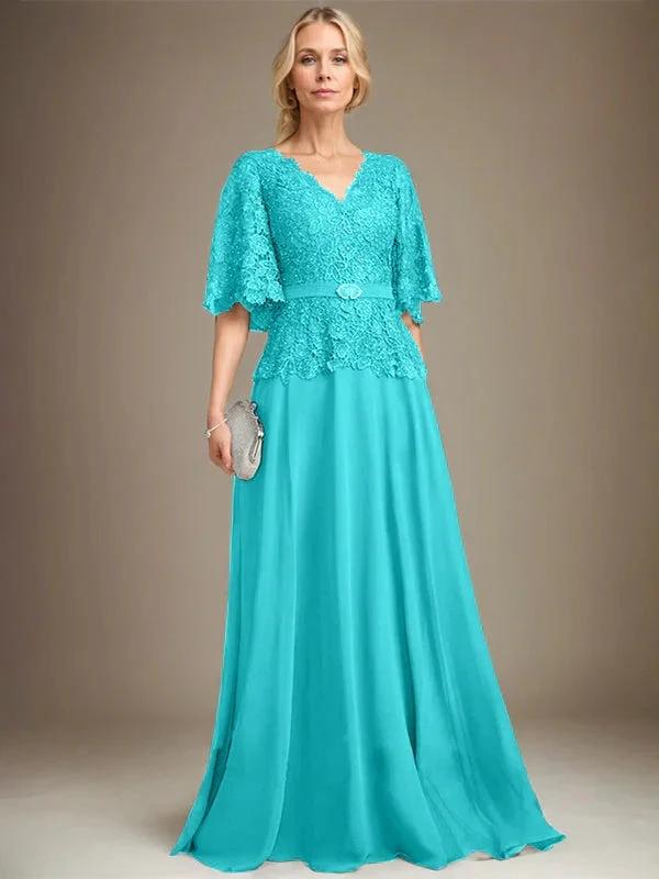 A-line V-Neck Floor-Length Chiffon Lace Mother of the Bride Dress With Crystal Brooch Rhinestone by Dreamylily