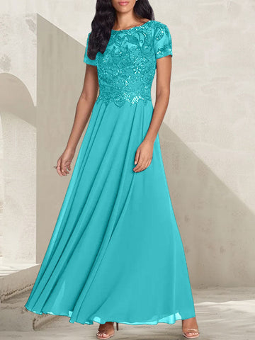 Vestido largo de madre de la novia con escote redondo, corte A, color gris carbón y cuentas