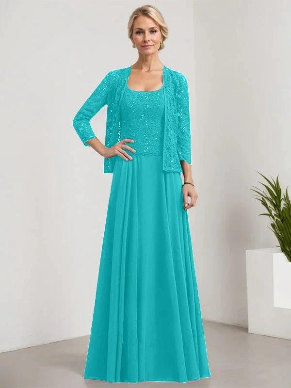 A-line Square Floor-Length Lace Chiffon Mother of the Bride Dress With Sequins by Dreamylily