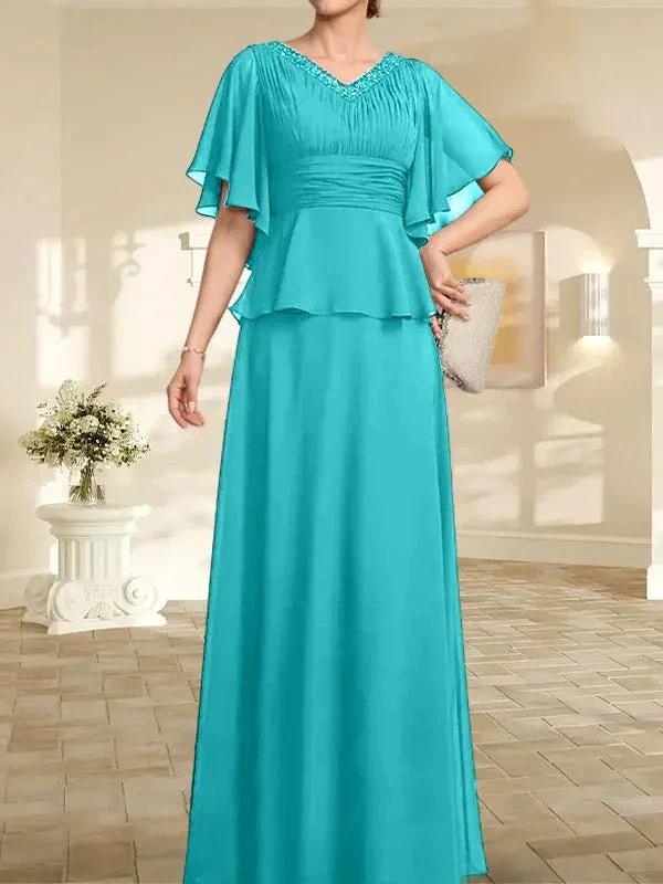 A-line V-Neck Floor-Length Chiffon Mother of the Bride Dress With Pleated Beading by Dreamylily