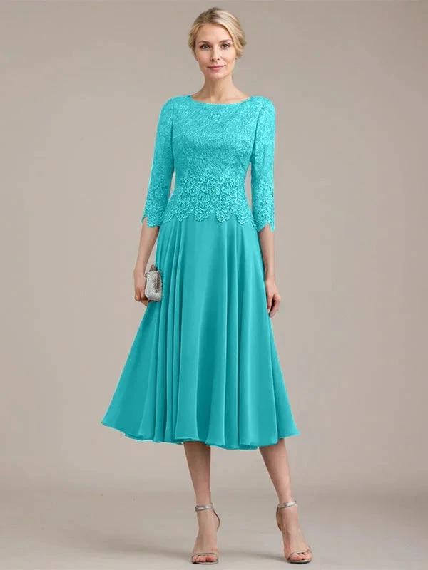 A-line Scoop Tea-Length Lace Chiffon Mother of the Bride Dress by Dreamylily