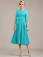A-line Scoop Tea-Length Lace Chiffon Mother of the Bride Dress by Dreamylily