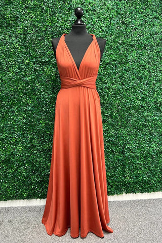 Oranges Brautjungfernkleid mit Twist-Wickelärmeln, langes Brautjungfernkleid BD135