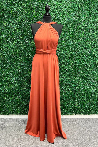 Oranges Brautjungfernkleid mit Twist-Wickelärmeln, langes Brautjungfernkleid BD135