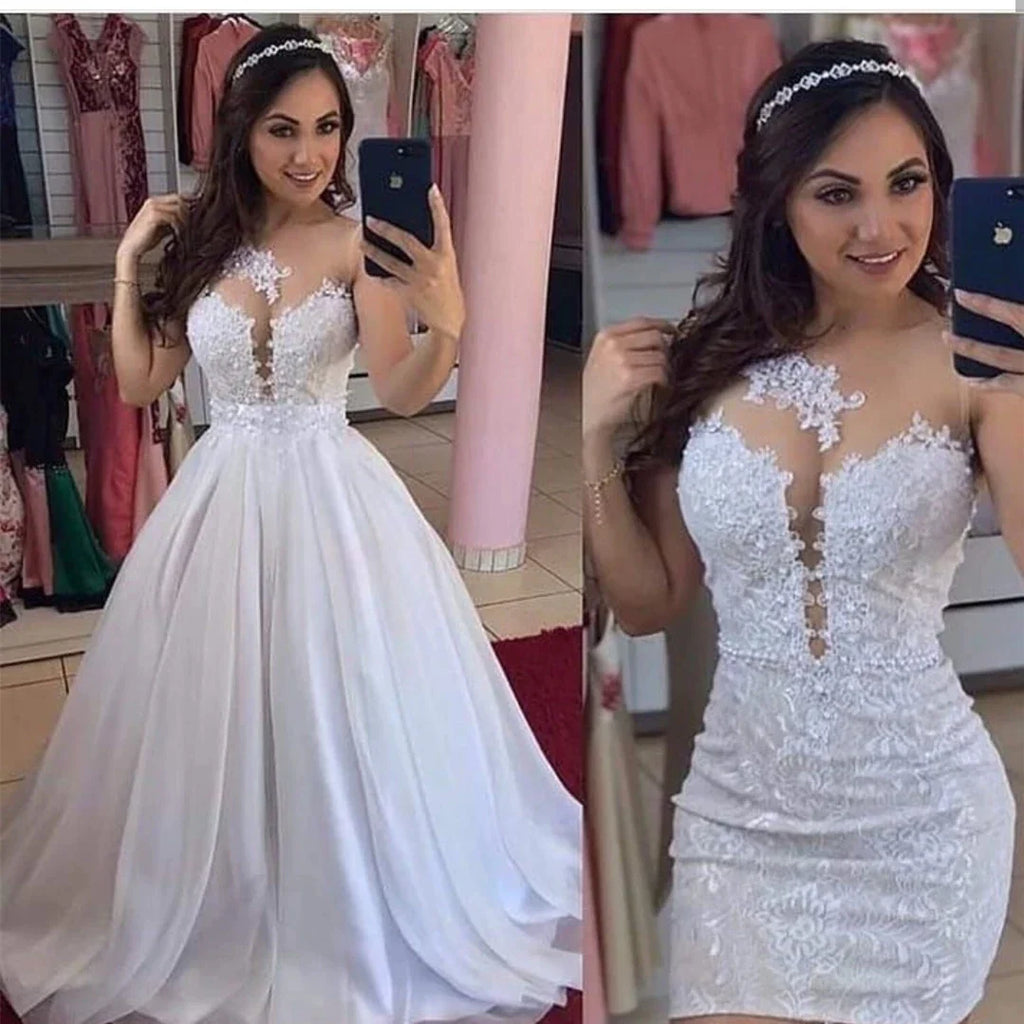 Two Pieces Detachable Train Wedding Dresses Sheath Illusion Lace 2 in 1 Bridal Gowns Vestidos de noiva