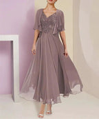 A-Line/Princess Chiffon V Neck Short Sleeves Mother of the Bride Dresses with Lace Jacket Pleats Appliques by Dreamylily