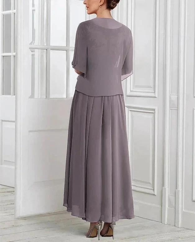 A-Line/Princess Chiffon V Neck Short Sleeves Mother of the Bride Dresses with Lace Jacket Pleats Appliques by Dreamylily