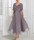 A-Line/Princess Chiffon V Neck Short Sleeves Mother of the Bride Dresses with Lace Jacket Pleats Appliques by Dreamylily