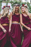 Two Piece A Line Burgundy Long Bridesmaid Dresses BD095 by pgmdress