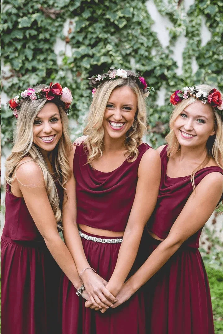 Two Piece A Line Burgundy Long Bridesmaid Dresses BD095 by pgmdress