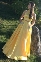 Two Piece Halter Neck Satin Long Prom Dress With Beading Pocket PSK374 by pgmdress
