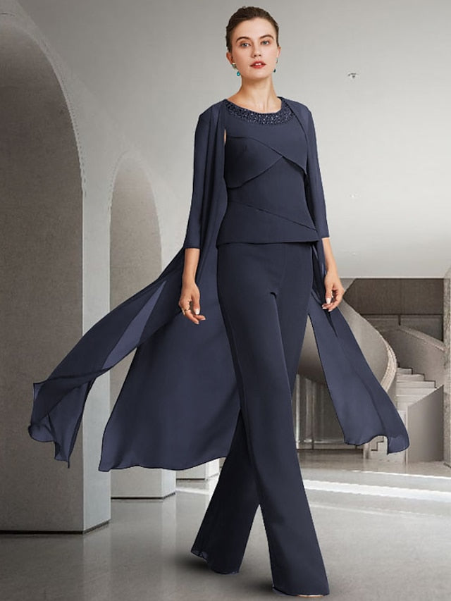 Chiffon Jewel Neck Mother of the Bride Pantsuits with Jacket Hover Image