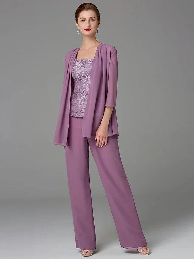 Chiffon Square Neck Mother of the Bride Pantsuits with Jacket by Dreamylily