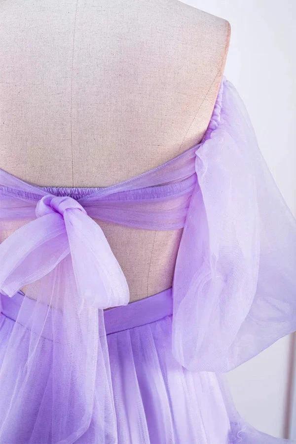 Two Piece Lavender Off the Shoulder Ruffles Prom Dress with Slit PSK469 by pgmdress
