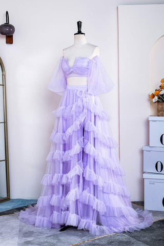 Zweiteiliges schulterfreies Ballkleid mit Rüschen und Schlitz in Lavendel PSK469
